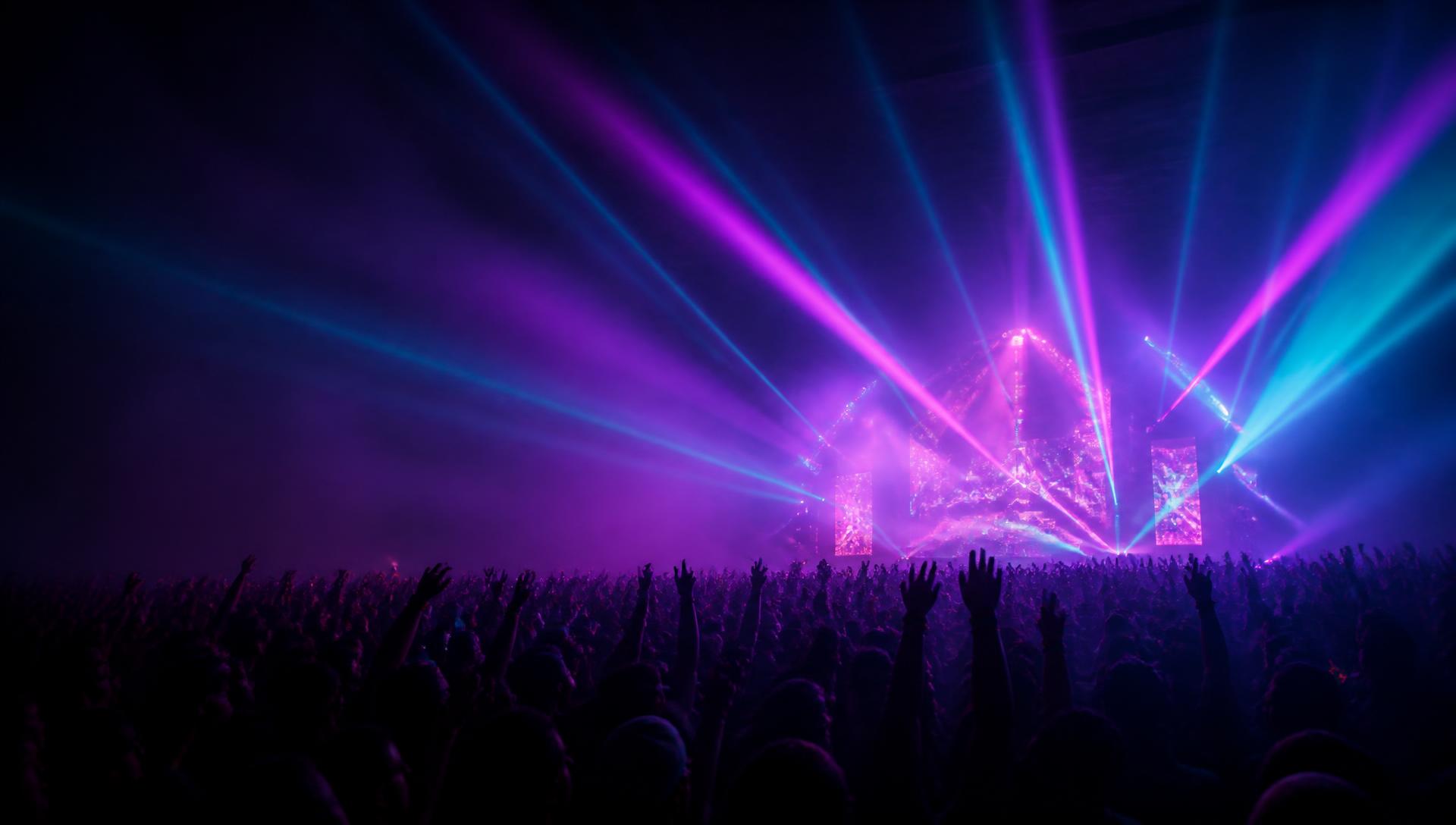 Crowd with hands up under magenta and cyan lasers at a LIGHTS Entertainment rave